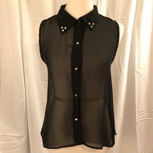 Black Mesh Sleeveless Collared Tank Top